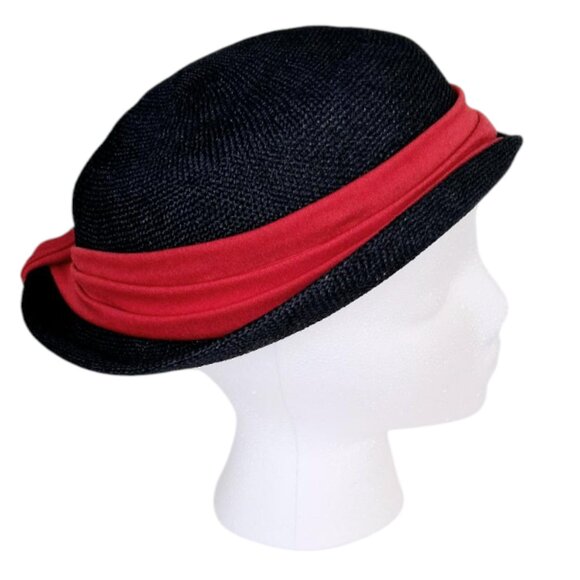 Mid-Century "Ellen Jane" Navy Blue Straw Derby Style Hat w/Red Ribbon Trim - Picture 5 of 11